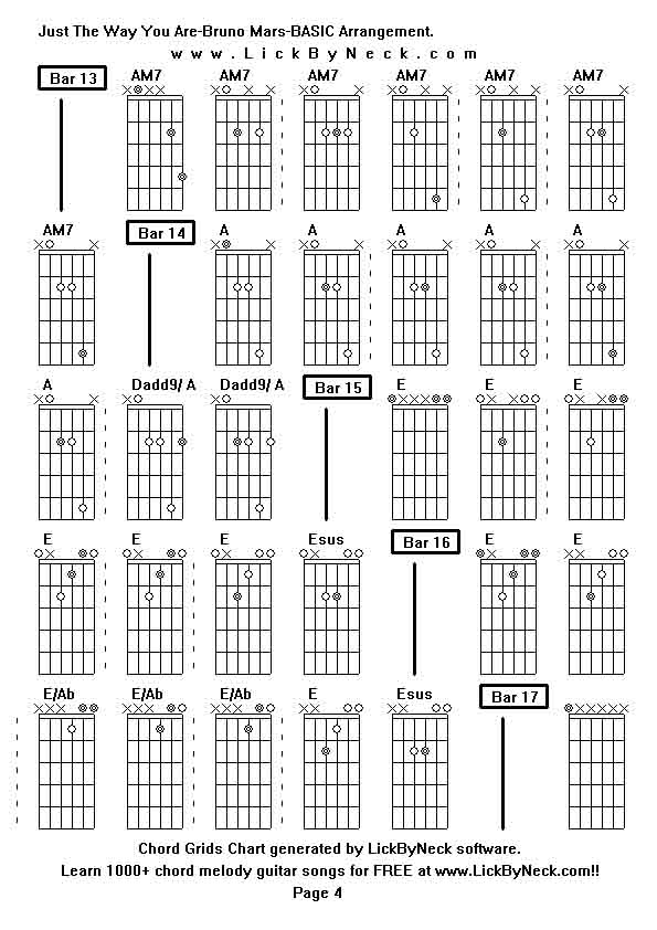 Chord Grids Chart of chord melody fingerstyle guitar song-Just The Way You Are-Bruno Mars-BASIC Arrangement,generated by LickByNeck software.